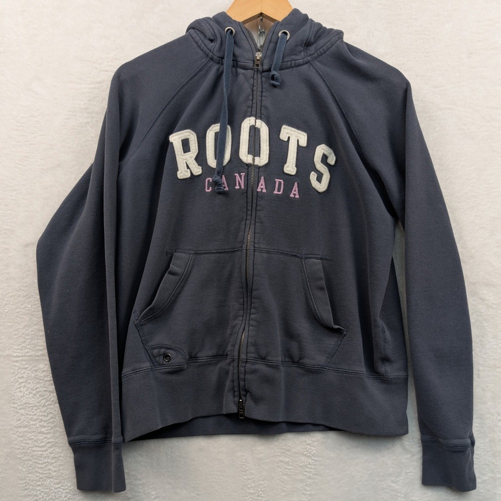 Roots Hoodie Women's L Navy Blue Faded Canada Chenille Full Zip Athletic Outdoor